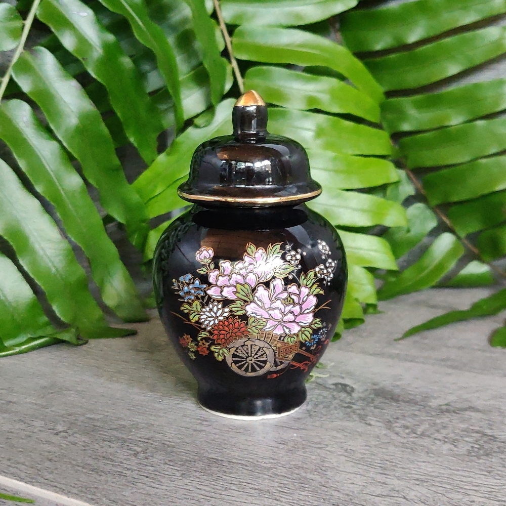 Japanese - Black Floral Porcelain Ginger Jar Urn Vase W/ Lid
